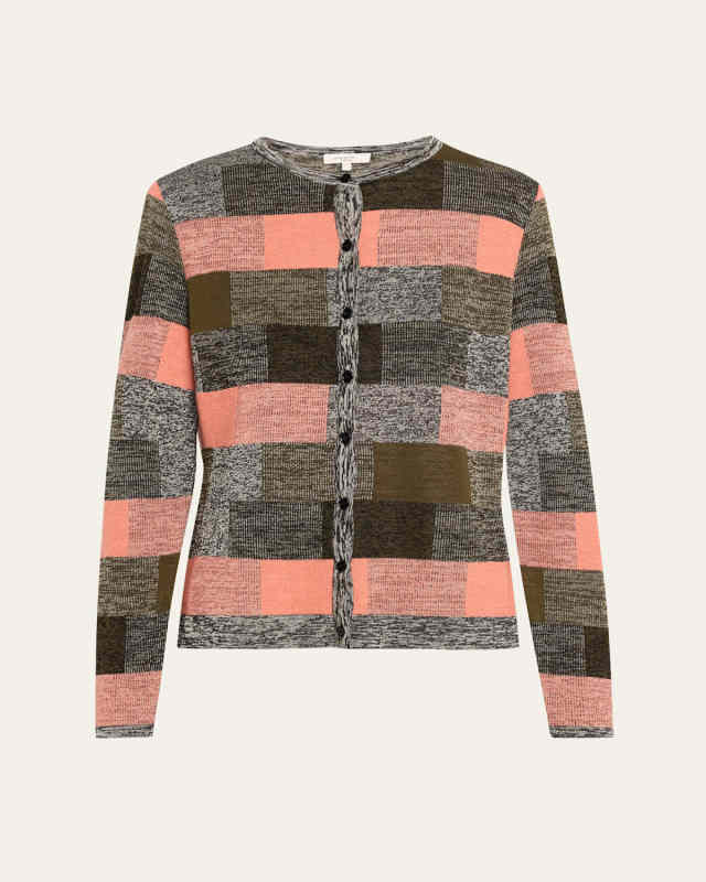Colorblock Marled Check Jacquard Knit Cardigan